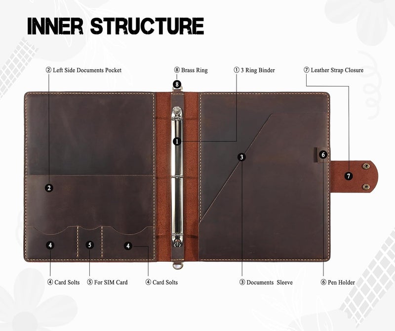 Robrasim Handmade Leather Sheet Music Folder, 3-Ring Choir Binder with Clear Sheet Protectors, Premium Leather Portfolio for Music Organizer & Office Use - Coffee - Image 2
